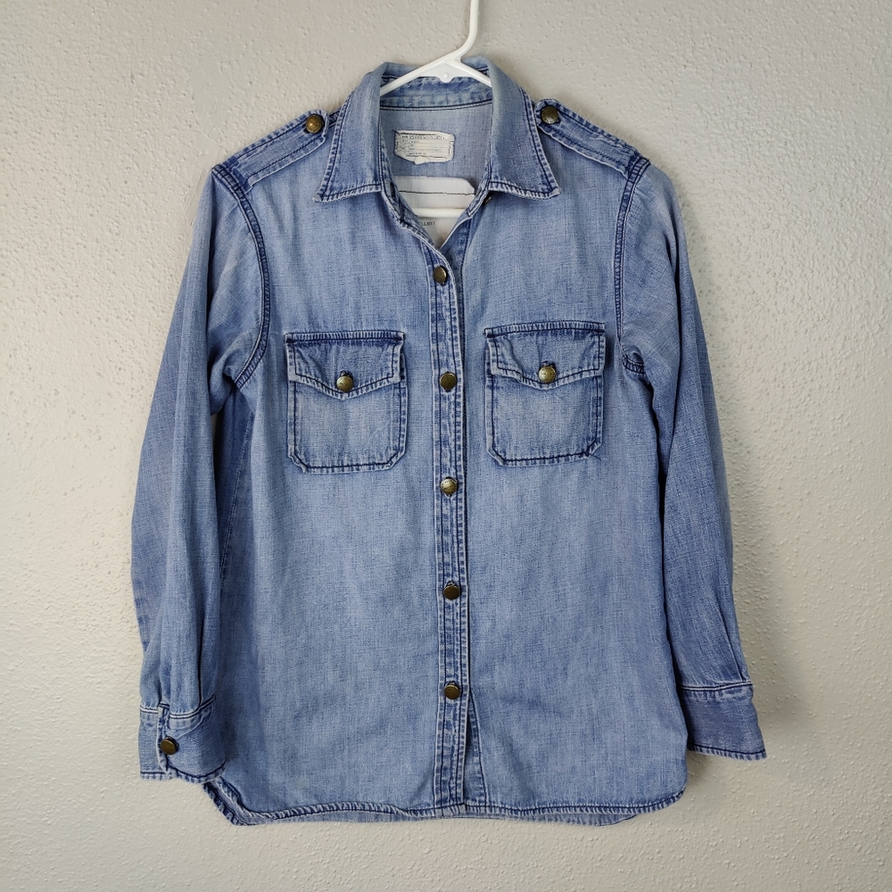 Current/Elliott Perfect Shirt Distressed Chambray Denin Metal Buttons